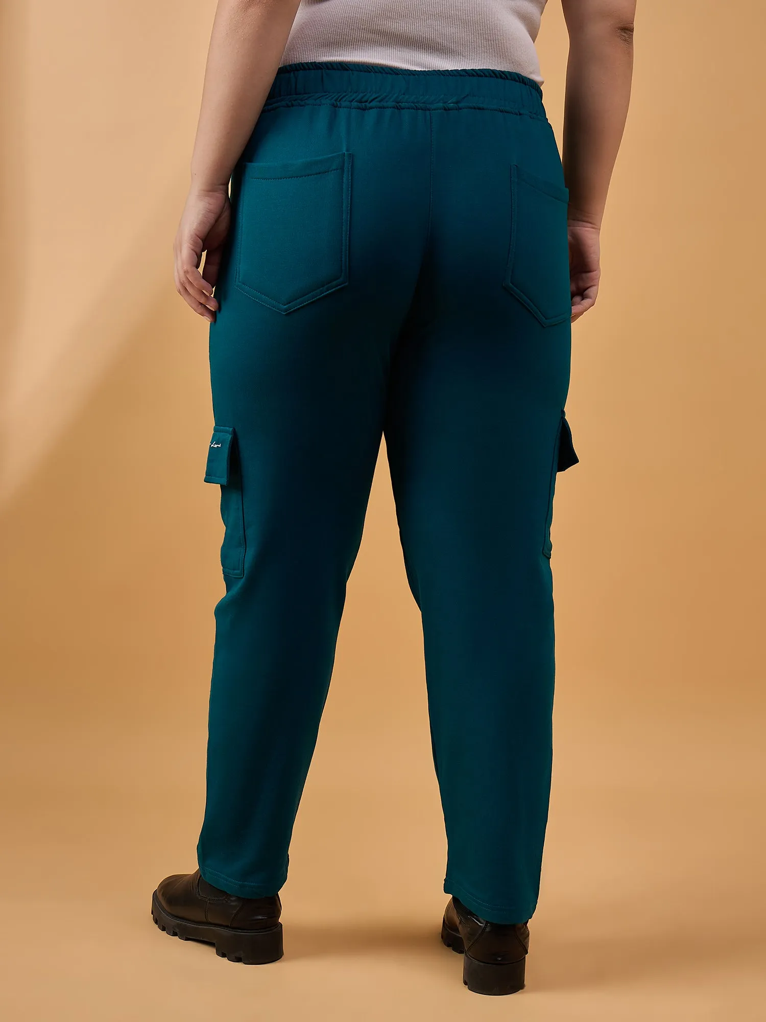 Plus Size Winters Cozy Fleece Cargo Pants For Women - Teal Blue