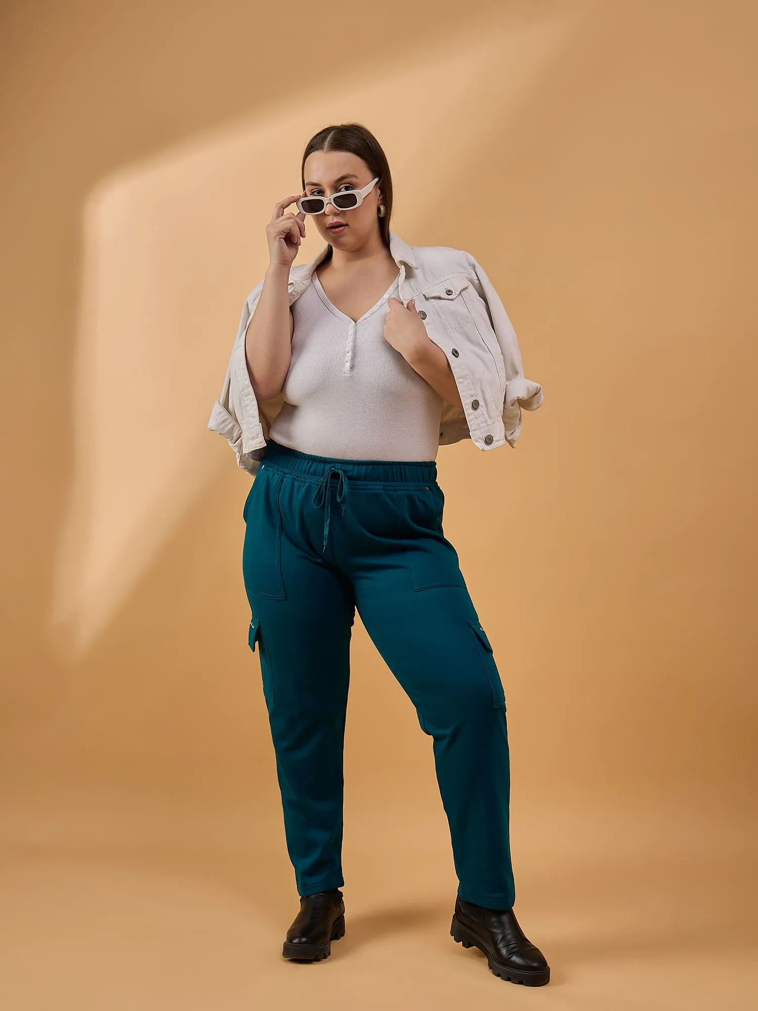 Plus Size Winters Cozy Fleece Cargo Pants For Women - Teal Blue