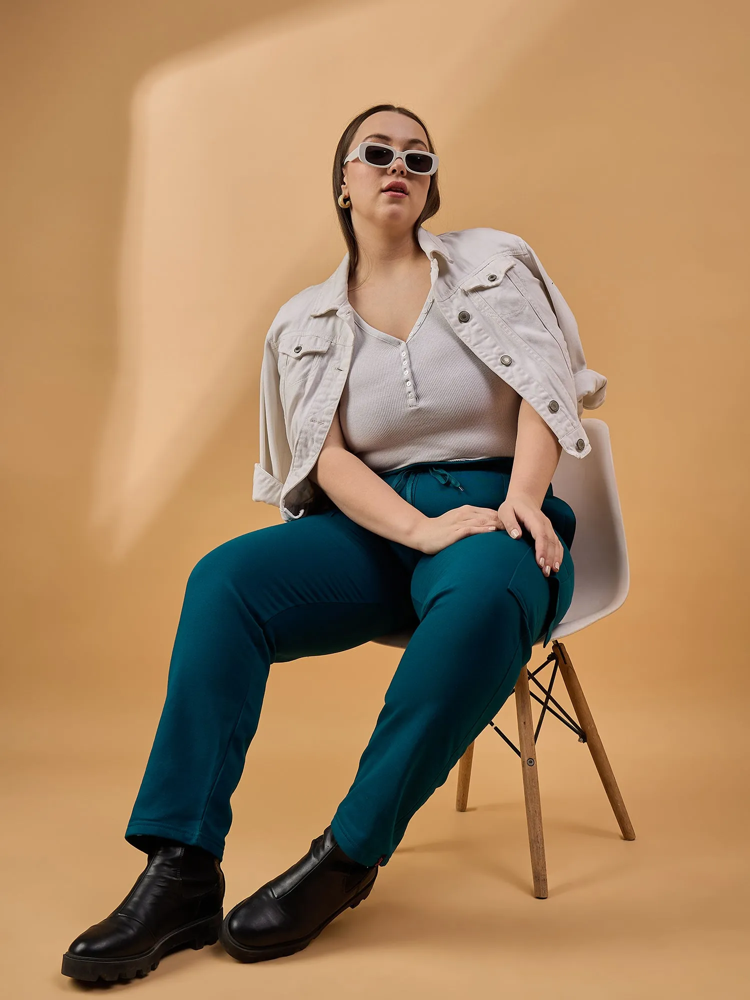 Plus Size Winters Cozy Fleece Cargo Pants For Women - Teal Blue