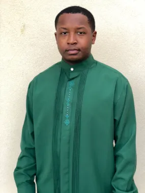 Pronti Mens Banded Collar Pleated Front Embroidered Placket Hunter Green