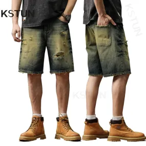 Ripped Men's Summer Shorts Retro Blue Loose Fit Distressed Hip Hop 2024 Denim Shorts For Men Vintage Wide Leg Pants Oversized 40