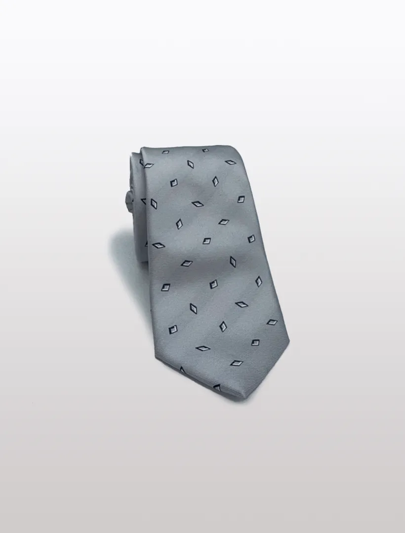 Silver with Blue Diamond Motif Patterned Microfiber Tie