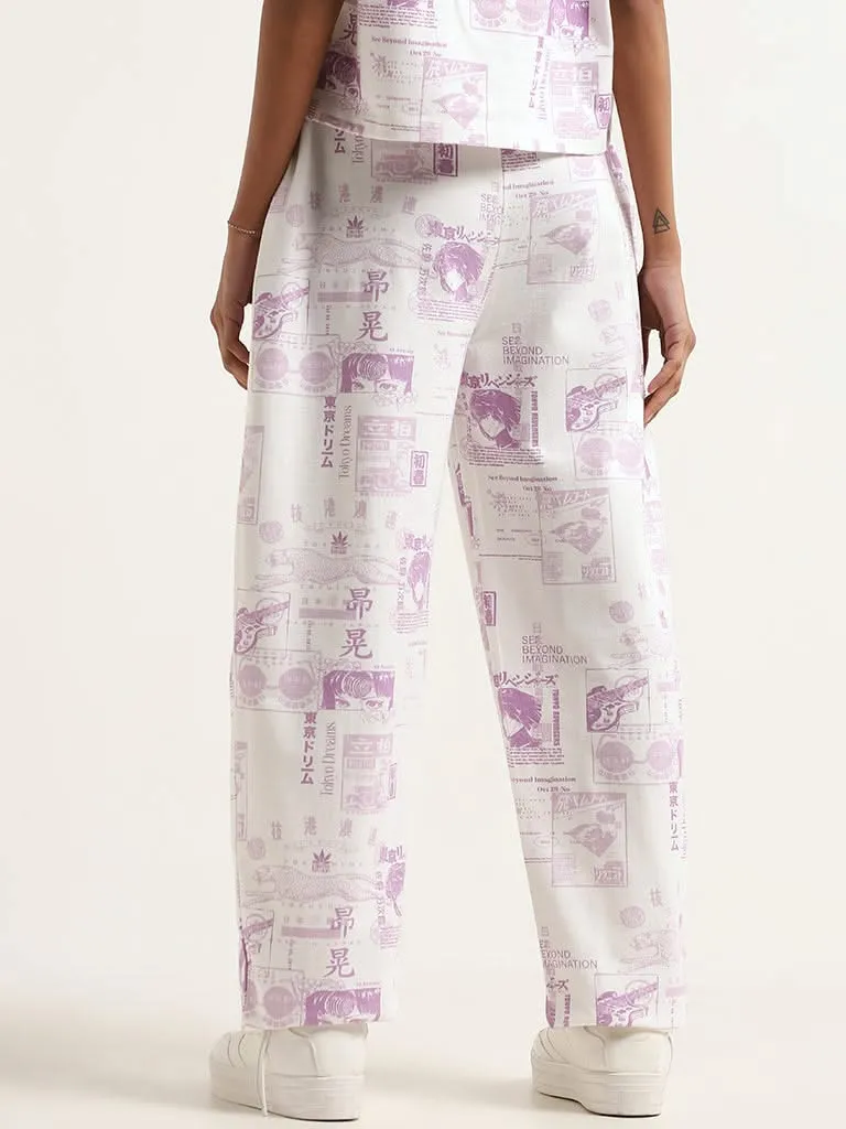 Studiofit White Mid Rise Printed Cotton Track Pants