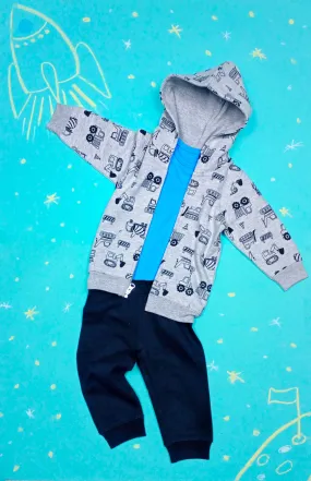 Truck Fleece Hoodie with Full Sleeved Onesie and FleecePants - Baby Boy