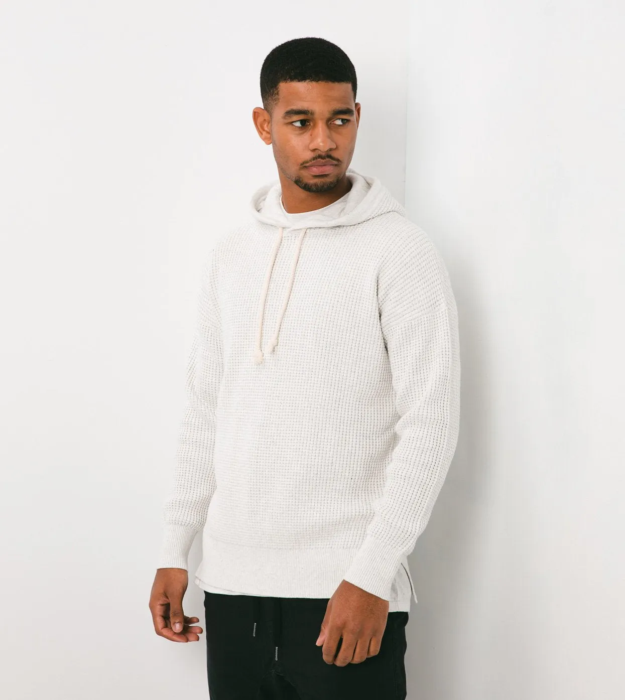 Waffle Hood Knit White Marle - Sale