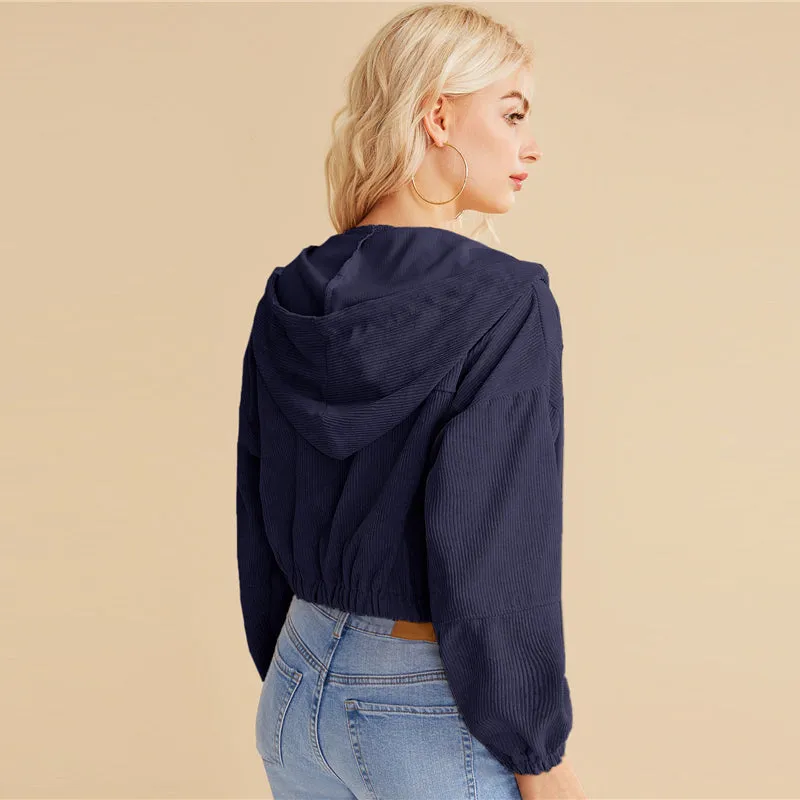 Women's Crop O-Neck Hooded Sweatshirt With Zipper