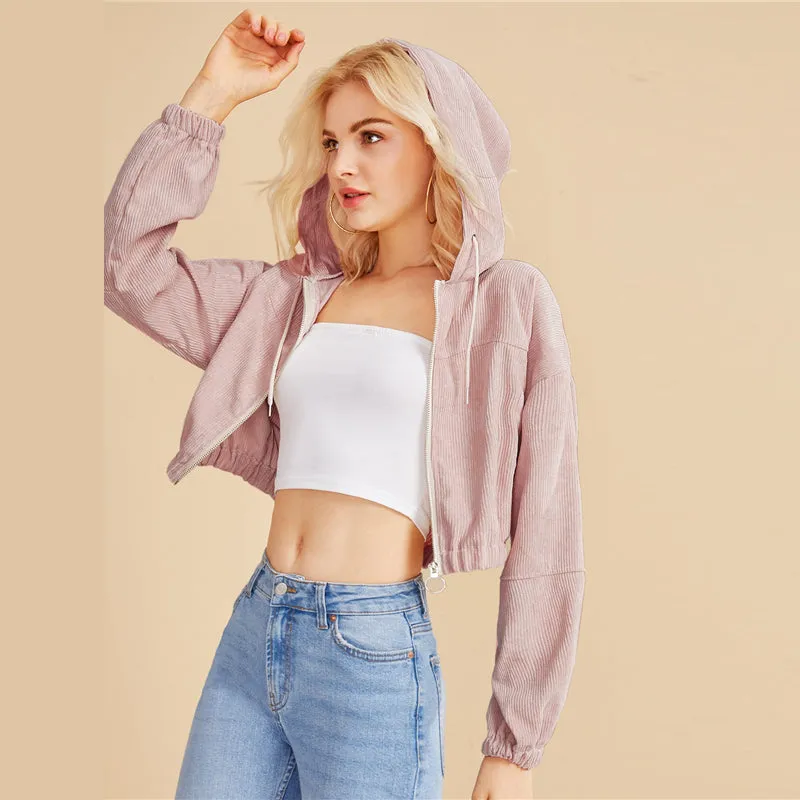 Women's Crop O-Neck Hooded Sweatshirt With Zipper