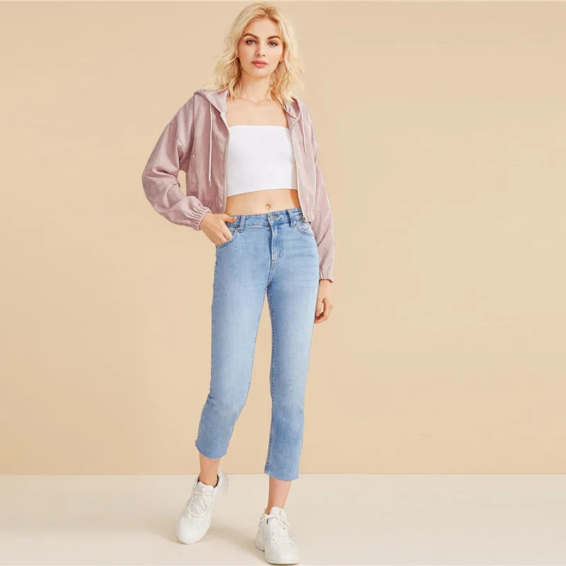 Women's Crop O-Neck Hooded Sweatshirt With Zipper