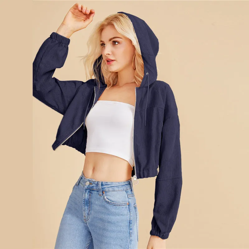 Women's Crop O-Neck Hooded Sweatshirt With Zipper