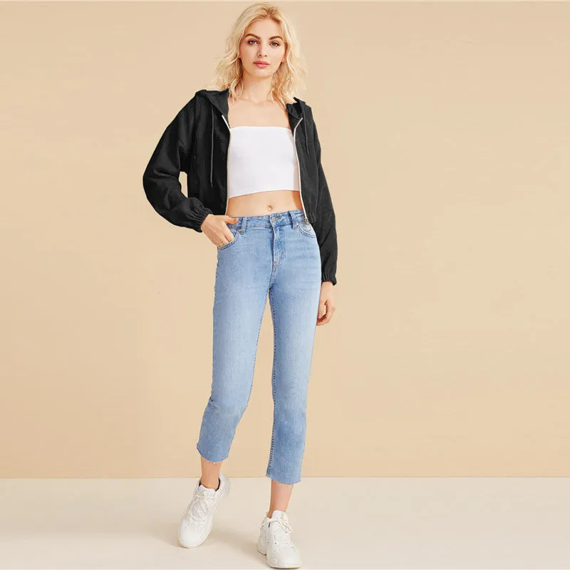 Women's Crop O-Neck Hooded Sweatshirt With Zipper