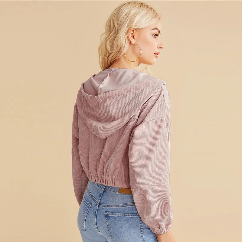 Women's Crop O-Neck Hooded Sweatshirt With Zipper