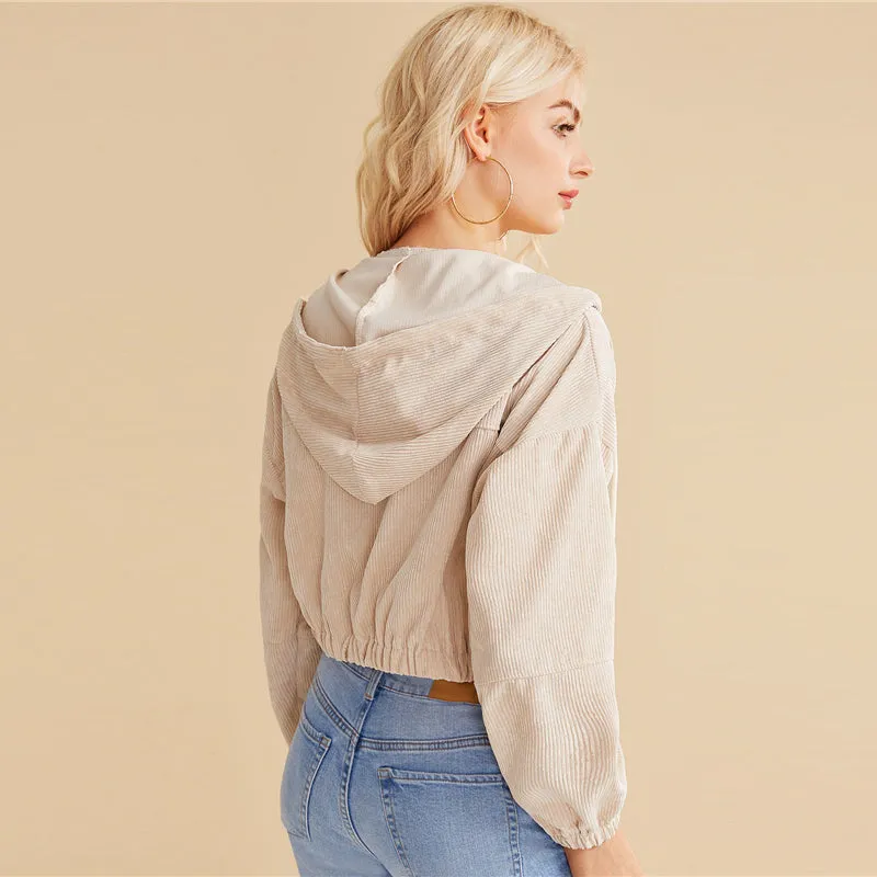 Women's Crop O-Neck Hooded Sweatshirt With Zipper