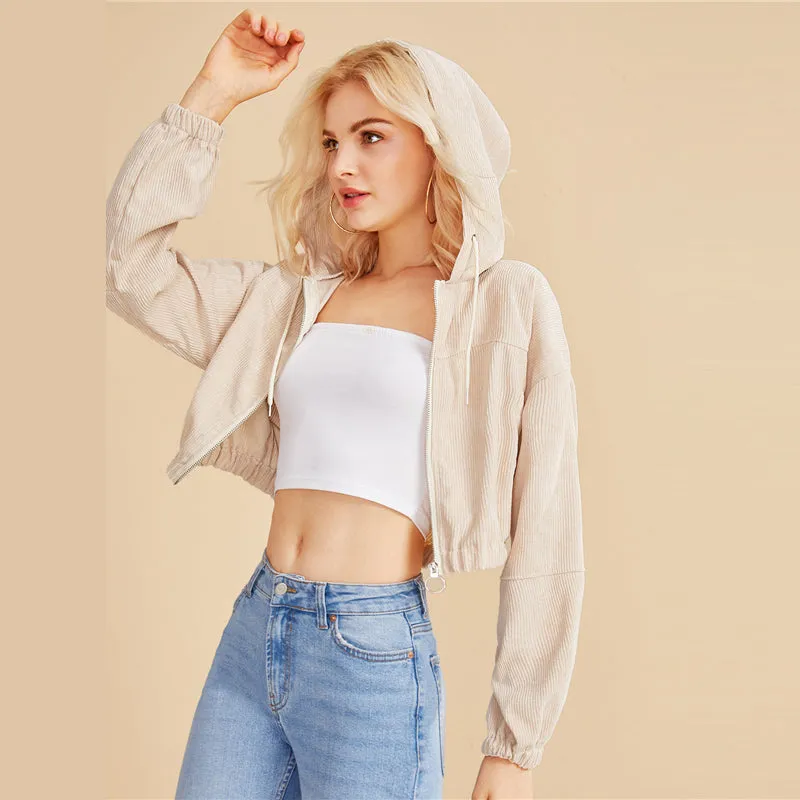 Women's Crop O-Neck Hooded Sweatshirt With Zipper
