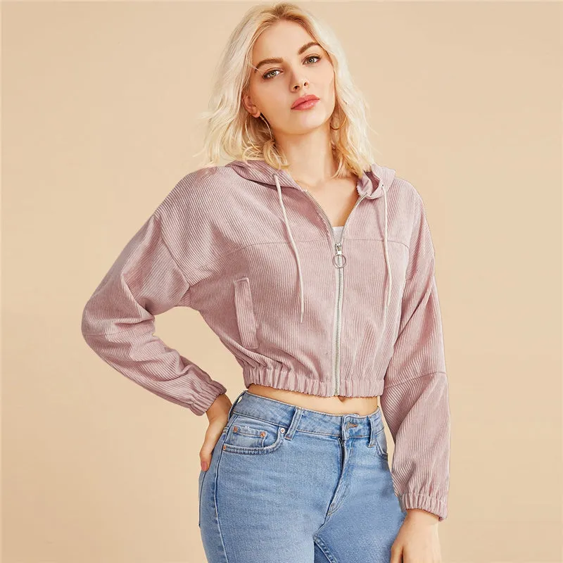 Women's Crop O-Neck Hooded Sweatshirt With Zipper