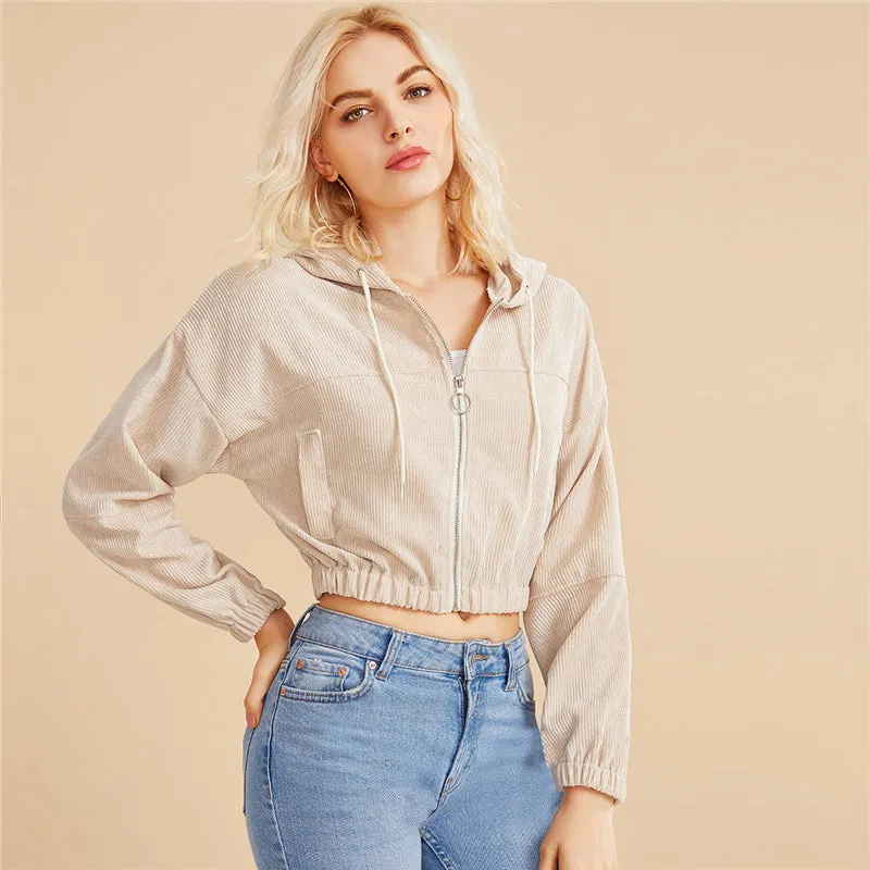 Women's Crop O-Neck Hooded Sweatshirt With Zipper