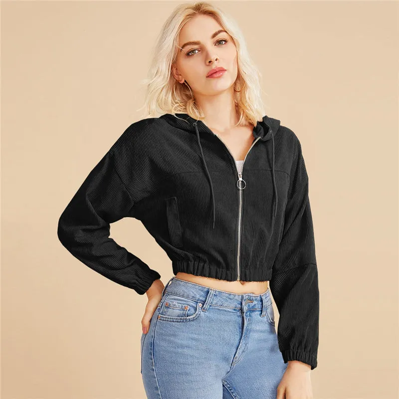 Women's Crop O-Neck Hooded Sweatshirt With Zipper