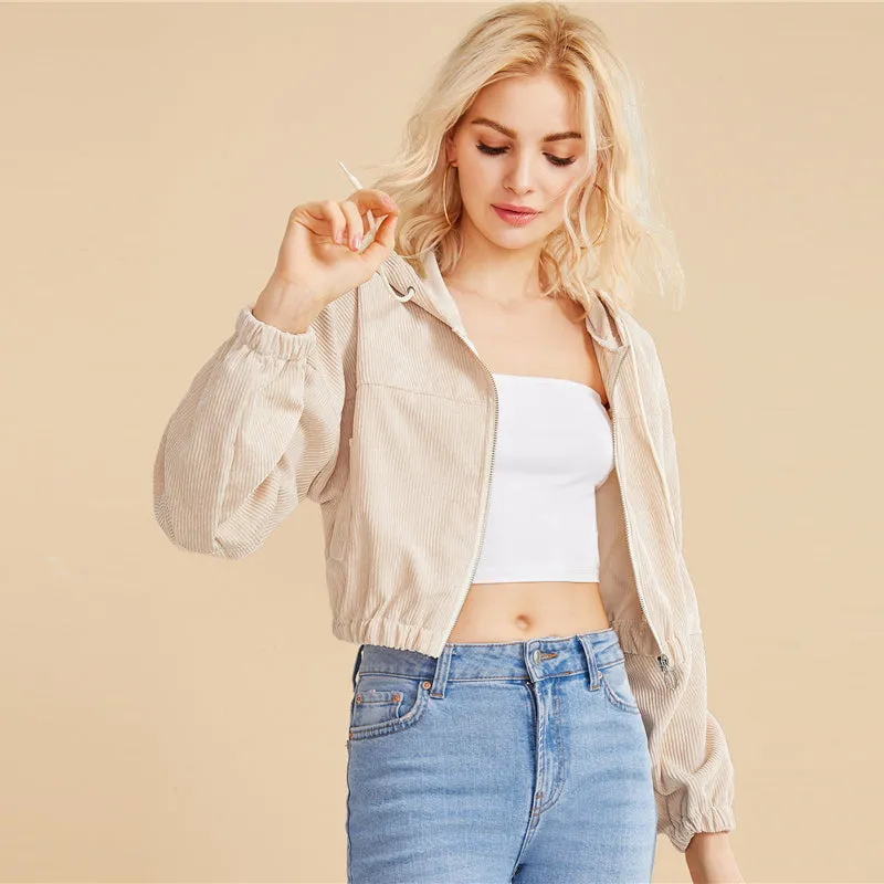 Women's Crop O-Neck Hooded Sweatshirt With Zipper