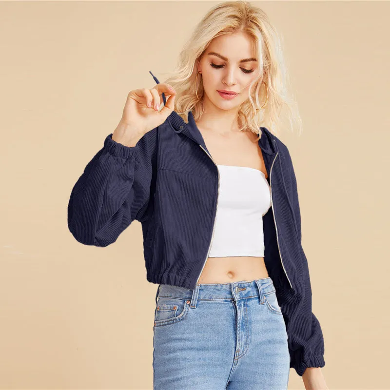 Women's Crop O-Neck Hooded Sweatshirt With Zipper