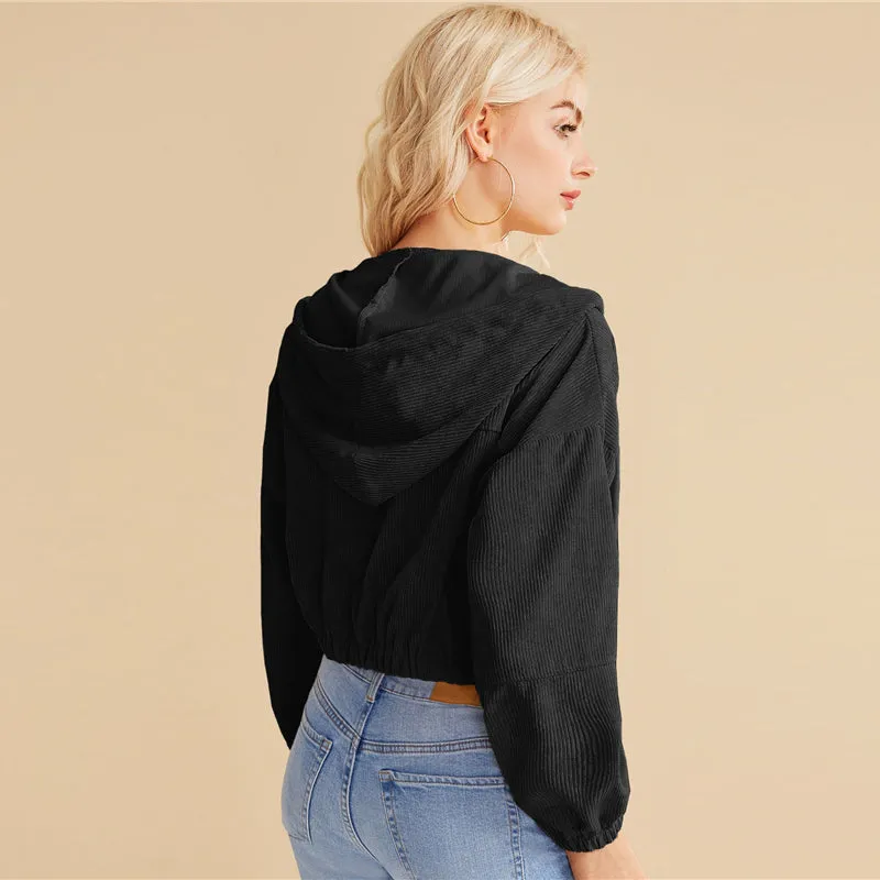 Women's Crop O-Neck Hooded Sweatshirt With Zipper