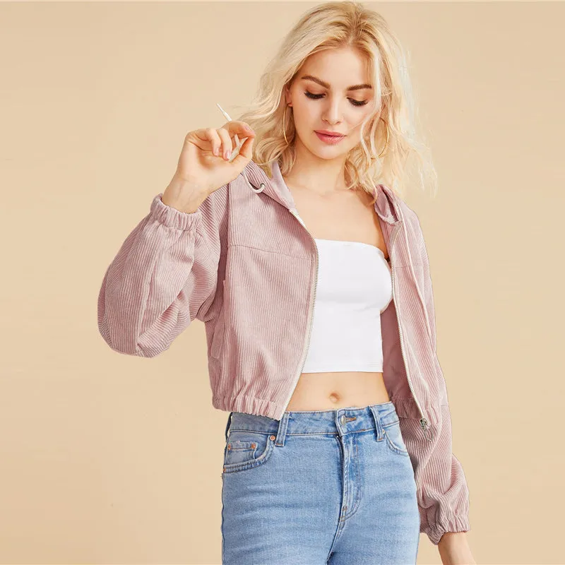 Women's Crop O-Neck Hooded Sweatshirt With Zipper