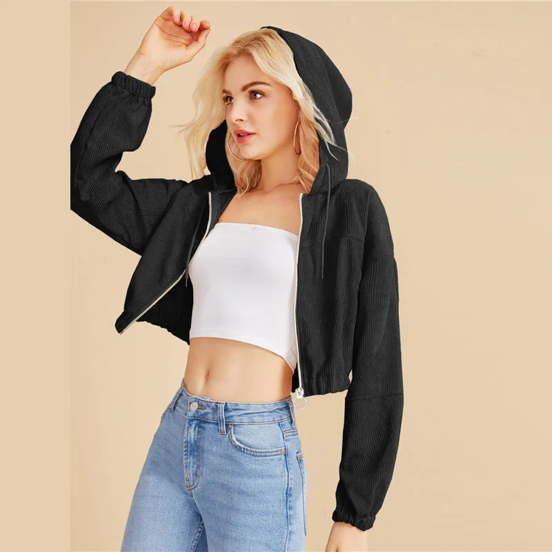 Women's Crop O-Neck Hooded Sweatshirt With Zipper
