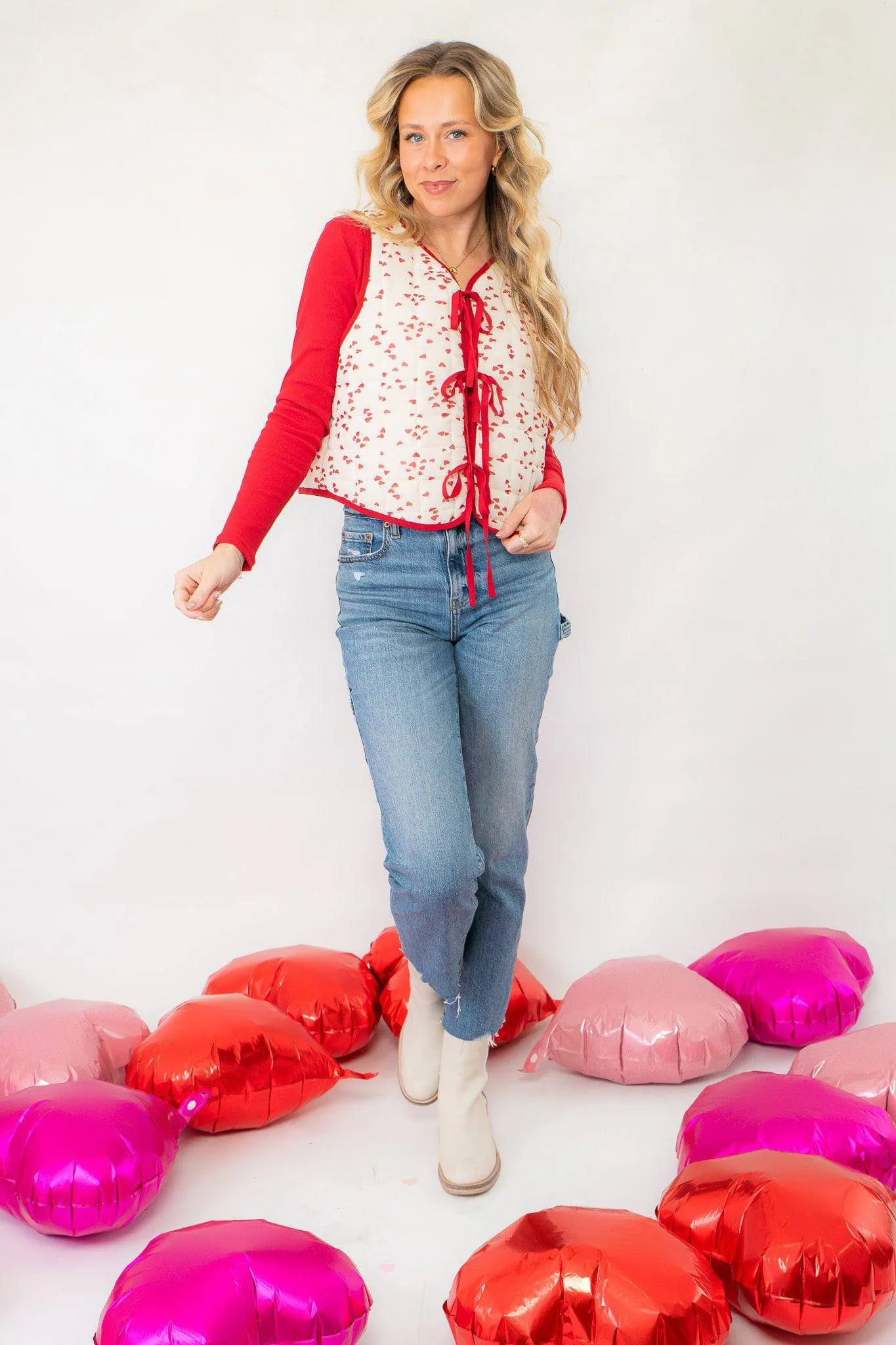 Women's Heart Print Tie-Front Puffer Vest