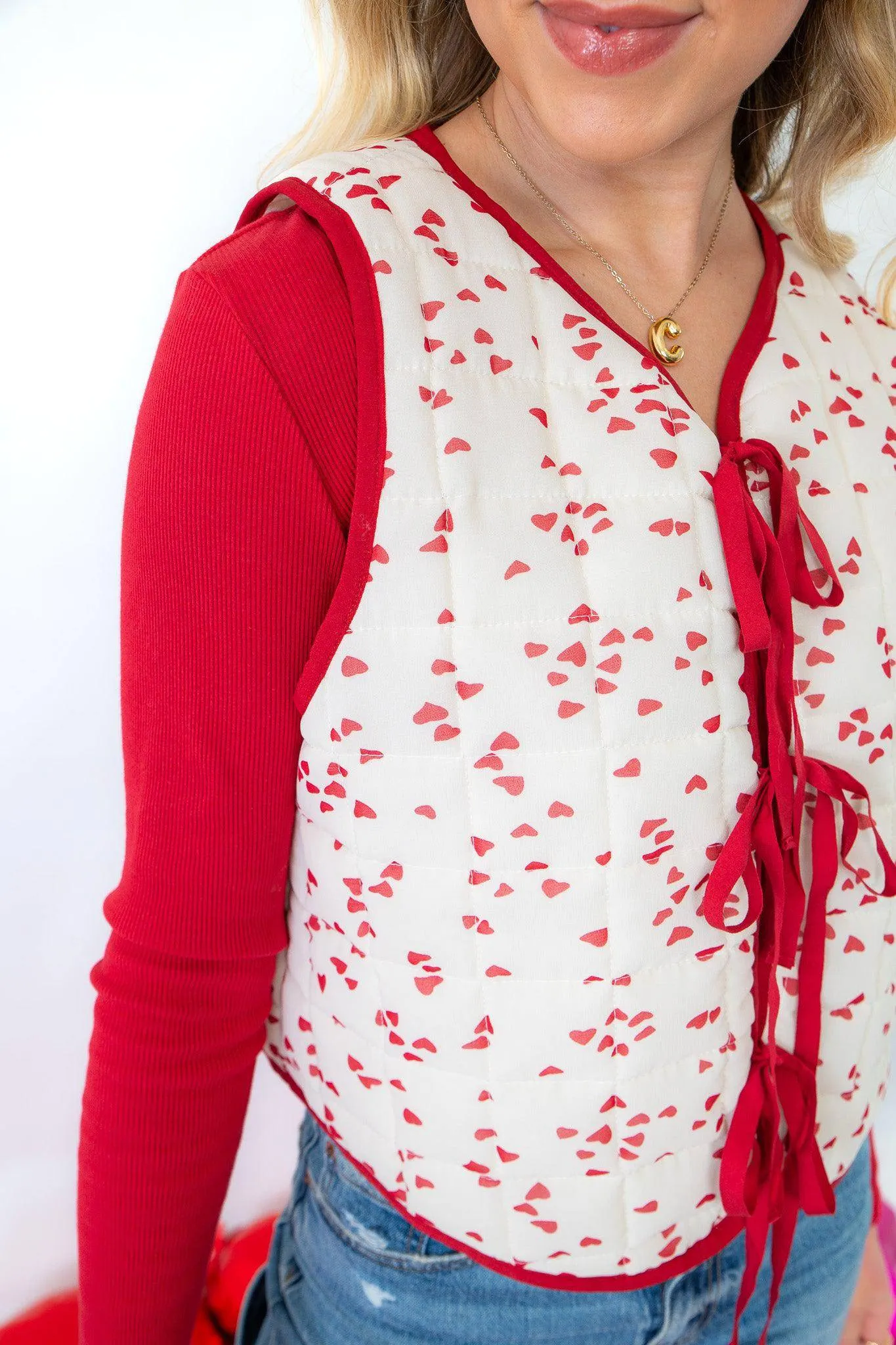 Women's Heart Print Tie-Front Puffer Vest