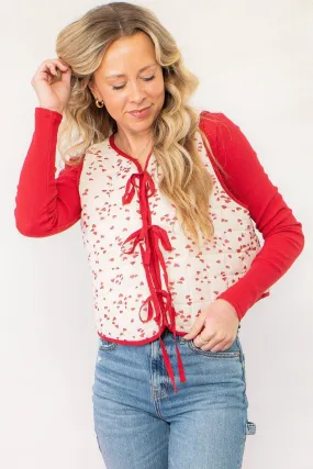 Women's Heart Print Tie-Front Puffer Vest